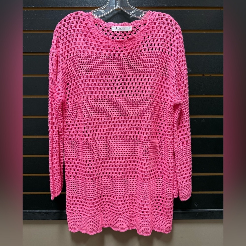 ANRABESS Pink Crochet Knit Sweater Tunic Open Weave Medium
